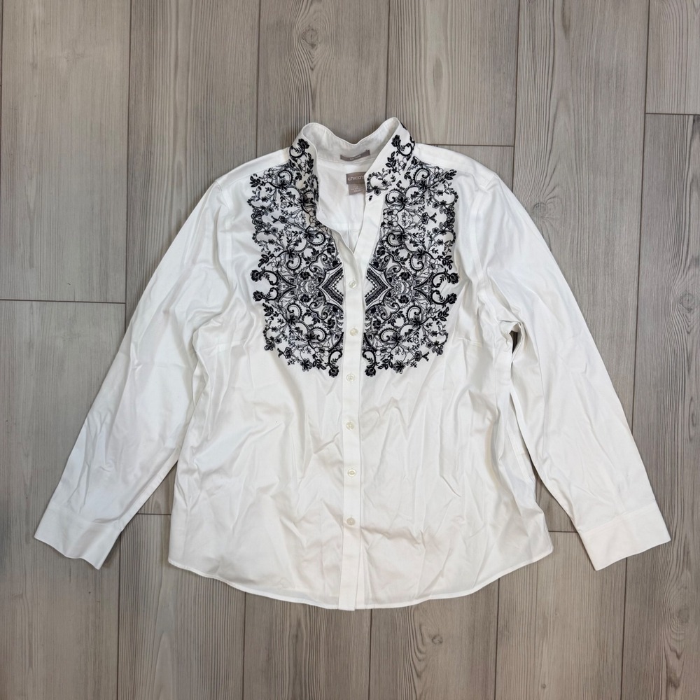 Chicos No Iron White Button Down Shirt Black Floral Embroidery Sz 2 Large 12 14